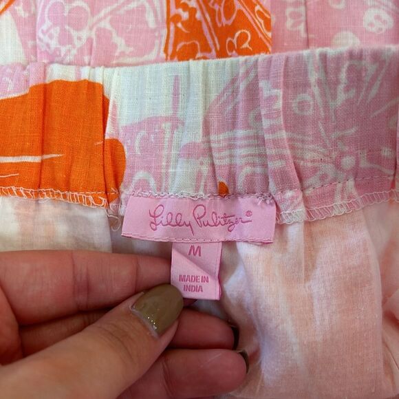 Lilly Pulitzer Seeing Double Pink Orange Linen Tiered Ruffle Skirt Size Medium - Picture 6 of 6